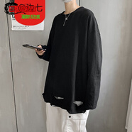 邊七@破洞長(cháng)袖T恤男潮牌ins港風(fēng)寬松打底衫潮流百搭帥氣嘻哈搭配 黑色 XL