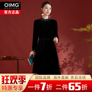 OIMG奢華黑色真絲絲絨連衣裙女秋季新款手工釘珠修身媽媽桑蠶絲長(cháng)裙 黑色 M 均碼
