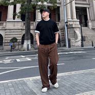 ZZ&FFFFMR 垂感立體夏季休閑褲子男款大尺碼寬松直筒灰色男褲運動厚棉 咖色 S