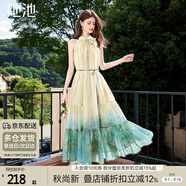 她池大擺連衣裙2025夏裝新款女裝時(shí)尚暈染印花無袖A字長裙