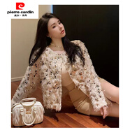 皮爾卡丹（pierre cardin）小香風(fēng)外套女秋冬羽毛亮片開(kāi)衫流蘇年新款毛毛感時(shí)尚上衣 杏色 S
