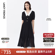 朗姿【尖貨補單】法式氣質(zhì)黑色襯衫裙泡泡袖百褶連衣裙女夏季新款長(cháng)裙 黑色（金屬扣飾） 2XL 175/92A
