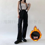 褲子女秋冬韓版ins加絨休閑直筒寬松顯瘦可拆卸背帶工裝束腳褲潮 黑色  冬季加絨款 S