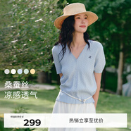 伊芙麗（eifini）【夏季薄款全新升級】伊芙麗高智麻花毛衣短袖針織衫女 藍色 短袖V領(lǐng)現貨 S 80-105斤