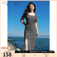 三彩大碼女裝2024夏季新款方領(lǐng)針織連衣裙扭結(jié)收腰優(yōu)雅顯瘦胖MM 灰色 XL 170/96B