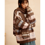 OCTOPUSME章魚(yú)家復古條紋長(cháng)袖針織衫上衣秋慵懶寬松原創(chuàng  )毛衣開(kāi)衫 粉咖色 M  160/84A