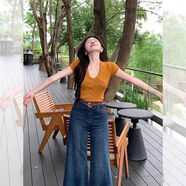 法式橘色polo翻領(lǐng)針織短袖女夏季14吋套筒扳手袖修身短款冰絲開衫 2025chic溫柔風(fēng)輕熟風(fēng)高端高端歐貨洋派冷淡系 S