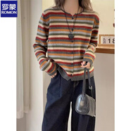 羅蒙韓系圓領(lǐng)長袖彩色條紋針織開衫女秋季新款時尚洋氣百搭毛衣外套潮 五色彩條紋(春秋) 薄款 S 80-90