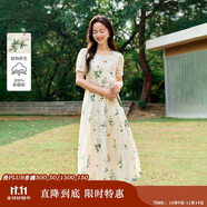 茵曼（INMAN）夏季植物碎花印花全棉女裝圓領(lǐng)連衣裙百搭裙子  杏色-連衣裙  L