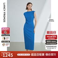 朗姿法式一字肩收腰抽褶設計感氣質(zhì)長裙夏裝新款女禮服連衣裙 艦隊藍色 M