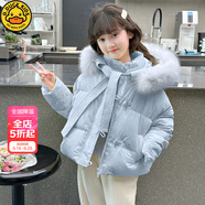G.DUCKKIDS女童短款羽絨服2025新款韓版毛領(lǐng)面包服冬季兒童連帽加厚棉衣外套 藍(lán)色 110 cm 建議身高100-105cm4-5歲