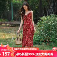 Olrain【七夕】歐芮兒吊帶碎花連衣裙夏季女裝浪漫優(yōu)雅長(cháng)裙子度假沙灘裙 紅色印花 L