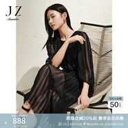 玖姿·安娜蔻優(yōu)雅浪漫壓褶竹節(jié)肌理收腰連衣裙蛋糕裙女2025春季新款 素黑 S