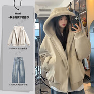 主意范（ZHUYIFAN）連帽座山雕皮衣外套棉服男女款冬季加絨加厚保暖毛領(lǐng)棉衣夾克潮牌 兩件套杏色【座山雕棉衣+藍色牛仔褲】 3XL 160-180斤