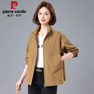 皮爾卡丹中年媽媽短外套女春秋2025新款大碼百搭減齡寬松薄外套夾克上衣潮 卡其色 L