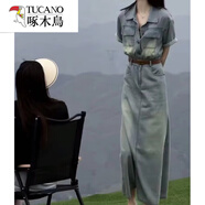 啄木鳥(niǎo)2025新款冰絲港風(fēng)時(shí)尚短袖牛仔連衣裙女夏收腰開(kāi)叉休閑包臀長(zhǎng)裙子 長(zhǎng).款 M 100-110斤