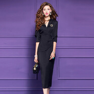 菲夢(mèng)伊釘珠粉色連衣裙女秋季新款輕熟名媛設計感褶皺氣質(zhì)職業(yè)裙子 黑色 M