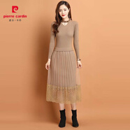皮爾卡丹打底毛衣裙2025秋冬季新款韓版拼接蕾絲裙中長(cháng)款過(guò)膝針織連衣裙女 駝色 M 80斤-95斤穿