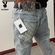 花花公子（PLAYBOY）秋冬季新款滿天星重工燙鉆鑲珠柳釘牛仔褲男女高端潮牌網紅長褲子 淺藍 刺繡D字母888 (高質量) 28
