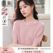 香影粉色針織衫女短袖2025春夏新款立體花朵鏤空溫柔套頭圓領(lǐng)上衣 粉紅 S