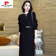 皮爾卡丹氣質(zhì)感酒紅色v領(lǐng)針織長袖連衣裙女秋冬季大碼休閑輕奢長裙子 黑色歐洲站別致連衣裙/洋氣減齡/ XL 【115-130斤】