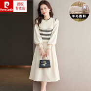 皮爾卡丹（pierre cardin）秋冬時(shí)尚氣質(zhì)羊毛針織套頭連衣裙燈籠袖條紋上衣拼接中長(cháng)款毛衣裙 白色 M