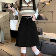 逸系毛呢裙女2025秋冬款大碼灰色中裙毛呢半身裙女秋冬款防走光口袋配 黑色 長50CM S
