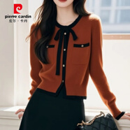 皮爾卡丹（pierre cardin）秋冬季韓系別致小香風(fēng)女裝兩件套拼色針織衫毛衣高腰半身裙套裝女 【單件】橘色針織長(cháng)袖 無(wú)內搭 XL 110-120