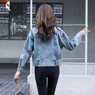 啄木鳥牛仔外套女春秋2025新款大碼女士小個子外套森女寬松網(wǎng)紅夾克上衣 牛仔藍(后背刺繡款) S