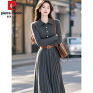皮爾卡丹（pierre cardin）韓版時(shí)尚洋氣減齡翻領(lǐng)針織連衣裙小眾別致收腰顯瘦小香風(fēng)中長(zhǎng)裙女 灰色 S (80-90斤)