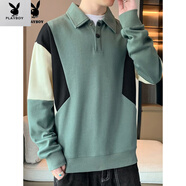 花花公子（PLAYBOY）新款（PAYBOY）長袖t恤男士套頭春季打底衫時尚青年休閑polo領(lǐng)上 暗綠 Q-KPHH3032 M