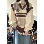 hellomeimei春秋新款日系甜美學院風撞色v領針織馬甲女顯瘦長袖襯衫單件/套裝 杏色綁帶襯衫+卡其色針織馬甲[套 S 均碼