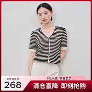 敦奴（DUNNU）dunnu敦奴2024夏季新款V領(lǐng)顯瘦鏤空撞色條紋針織衫女 正黑色 XL