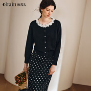 Olrain歐芮兒黑色法式荷葉邊領(lǐng)毛織開(kāi)衫新款女裝秋季精致針織衫 黑色 M