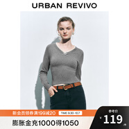 UR秋季新款女裝格雷系蝴蝶結花邊V領(lǐng)長(cháng)袖針織衫UYL940068 冷灰 L