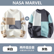NASA MARVEL撞色拼接毛衣男冬季新款韓版潮流休閑百搭寬松針織衫 米白+6302灰色 XL （約120-135斤可穿）