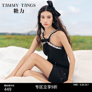 糖力【商場(chǎng)同款】掛脖小黑裙輕禮服女珍珠亮片點(diǎn)綴無(wú)袖露肩連衣裙 黑色 M