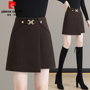 皮爾卡丹（pierre cardin）2025新款不規則毛呢半身裙女春秋冬季高腰時(shí)尚顯瘦包臀a字短裙子 175 咖啡色-高品質(zhì) S 建議/98斤以下