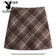 花花公子（PLAYBOY）復古紅色格子毛呢短裙女2025新款秋冬高腰A字裙小個(gè)子包臀半身裙 咖色 S