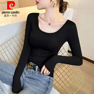 皮爾卡丹（pierre cardin）莫代爾打底衫女內搭U領(lǐng)長(cháng)袖t恤春秋冬韓版修身顯瘦低圓領(lǐng)上衣 黑色 【單件裝】 S 建議80-95斤