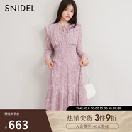 SNIDEL秋冬甜美淑女荷葉邊收腰百褶印花連衣裙SWFO244316 粉米色 S （0）