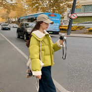 鹿王戀雪韓系短款羽絨棉服女冬季2025新款小個(gè)子羊羔毛領(lǐng)加厚保暖棉襖外套 果綠色 XL 120-140斤