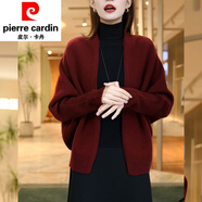 皮爾卡丹（pierre cardin）春秋女領(lǐng)毛衣開(kāi)衫蝙蝠袖寬松針織衫羊毛衫外套披肩上衣針織 安格拉紅 M 90-105斤