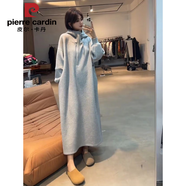 皮爾卡丹歐貨慵懶裙女2025春秋新款連帽半開領(lǐng)連衣裙直筒過膝休閑衛(wèi)衣裙潮 花灰色 M 100-110斤