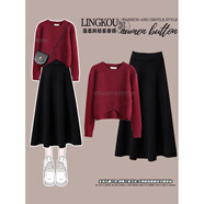 雅黛絲薇連衣裙女裝套裝秋冬衣服穿搭2025新款紅色針織毛衣半身裙子兩件套 M872紅色毛衣+2957黑色半身裙 L （建議100-120斤）