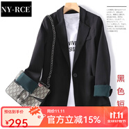 NY-RCE韓國網(wǎng)紅小西裝外套女新款春秋季韓版百搭寬松休閑西服上衣套裝 黑色(款) 常規(guī) M (99-109斤)