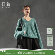 日著（rizhuo）原創(chuàng)設(shè)計(jì)女裝2025春季新款 小眾休閑針織衫慵懶蓬松v領(lǐng)羊毛衣 尋跡綠 L