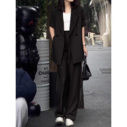西服套裝加大碼女裝夏薄西裝闊腿褲套裝胖MM開衩短袖薄西服闊腿西 黑色單件西裝 M 建議90-100斤