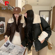 皮爾卡丹（pierre cardin）韓國(guó)感短款翻領(lǐng)羊羔毛外套女冬2025新款小個(gè)子PU質(zhì)感防風(fēng)棉襖 黑色 XL 【135-150斤】