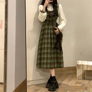 天啟世紀文藝復古毛呢假兩件格紋連衣裙女2025秋季新款收腰顯瘦立領(lǐng)仙女裙 毛呢連衣裙 S